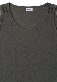Top sans manches gris foncé avec bretelles tressées et col rond, étiquette de la marque "Cecil" cousue à l'intérieur du col.