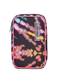 Custodia in tessuto multicolore con motivi astratti in rosa, verde, giallo e bianco su uno sfondo nero. Caratterizzata da una cerniera rosa e un'etichetta con logo.