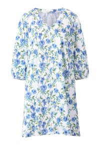 Blumen-Tunika in Weiß mit einem blauen und grünen Blumenmuster. Leichter Stoff, V-Ausschnitt und Dreiviertelärmel mit Raffung.