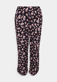 Loose black pants with an elastic waistband, covered in a scattered pink and white floral pattern.