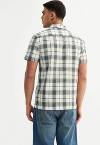Camicia a maniche corte a quadri in tonalità verdi e bianche. Realizzata in tessuto di cotone, presenta un colletto e una vestibilità rilassata. È visibile un motivo a scacchi distintivo.