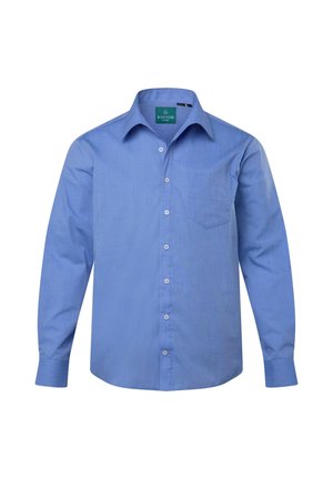 Chemise bleu clair à manches longues avec boutons, en tissu lisse, dotée d'un col pointu, d'une poche poitrine et de boutons blancs.
