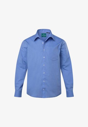 Světle modrá košile s dlouhým rukávem, vyrobená z hladké látky, s špičatým límcem, náprsní kapsou a bílými knoflíky.