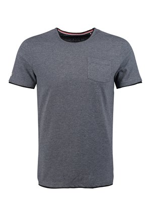 Herren T-Shirt mit kurzen Ärmeln und Rundhals, mit feinen horizontalen grauen und schwarzen Streifen und einer Brusttasche auf der linken Seite.