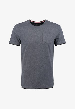 Herren T-Shirt mit kurzen Ärmeln und Rundhals, mit feinen horizontalen grauen und schwarzen Streifen und einer Brusttasche auf der linken Seite.