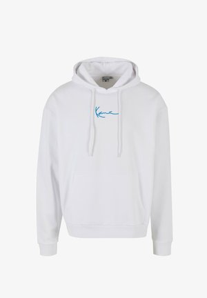 Sudadera blanca con capucha, bolsillo delantero y logo azul en cursiva centrado en el pecho.