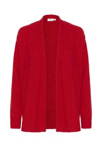 Rode cardigan van zacht materiaal, met een open voorkant, lange mouwen en geen zichtbare sluitingen. Gestart finish overal.