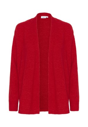 Červený cardigan vyrobený z měkkého materiálu, s otevřeným předním designem, dlouhými rukávy a bez viditelných zapínání. Celoplošný strukturovaný povrch.