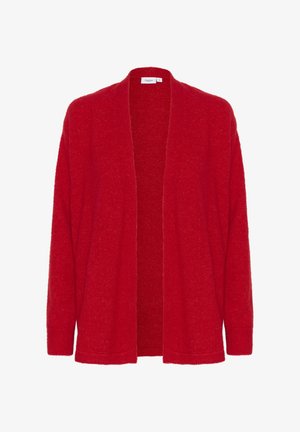 Sarkans džemperis, izgatavots no mīksta materiāla, ar atvērtu priekšpusi, garām piedurknēm un bez redzamām aizdaram. Strukturēta apdare visā virsmā.