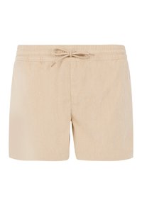 Beige katoenen shorts met een verticale streepjespatroon, elastische tailleband en trekkoord. Heeft zijsplitten voor comfort.