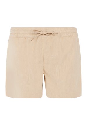 Beige katoenen shorts met een verticale streepjespatroon, elastische tailleband en trekkoord. Heeft zijsplitten voor comfort.