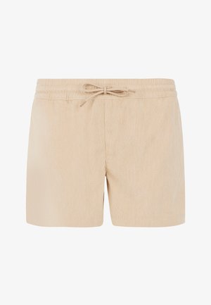 Beige katoenen shorts met een verticale streepjespatroon, elastische tailleband en trekkoord. Heeft zijsplitten voor comfort.