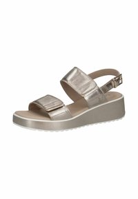 Sandali con zeppa metallici oro, dotati di due cinturini regolabili, di una soletta imbottita e di una suola in gomma bianca. Texture liscia con leggera lucentezza.