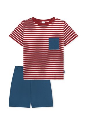 Red and white striped short-sleeve shirt with blue pocket paired with solid blue knee-length shorts, displayed flat on white background.