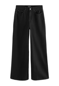 Sorte vidde bukser med høj talje, lavet af denim. Har to forlommer, en øverste knap og en glat, mat tekstur.