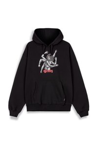 Sudadera negra de mezcla de algodón, con un gráfico de una figura con múltiples brazos. Incluye un bolsillo frontal y puños acanalados.