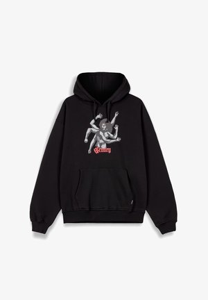 Sudadera negra de mezcla de algodón, con un gráfico de una figura con múltiples brazos. Incluye un bolsillo frontal y puños acanalados.