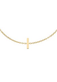 Gouden ketting met een eenvoudige lineaire staafhanger. De ketting is samengesteld uit verbonden ovale vormen, allemaal met een gepolijste afwerking.