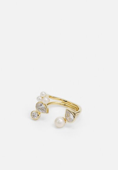 Gold ring featuring multiple pearls and clear, teardrop-shaped stones. Smooth texture with a delicate open design, showcasing elegant accents.