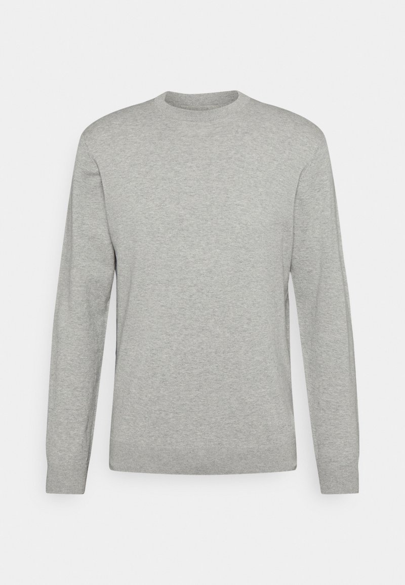 Grey knitted sweater with long sleeves, round neckline, and ribbed cuffs and hem. Soft texture, classic design, minimal detailing.