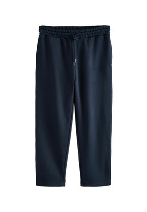 Mørkeblå sweatpants lavet af let stof, med elastisk talje, justerbar snor og tapered ben, der har en glat tekstur og et afslappet design.