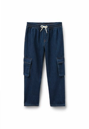 Pantalons cargo en denim bleu foncé avec une taille élastique, cordon de serrage et deux poches latérales aux jambes. Texture lisse, coupe décontractée.