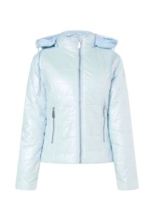 Heledast sinine, polsterdatud jope läikiva viimistlusega. Omab lukuga esist, kahte lukuga taskut ja reguleeritavate nööridega kapuutsi.