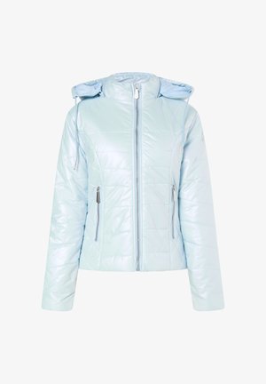 Heledast sinine, polsterdatud jope läikiva viimistlusega. Omab lukuga esist, kahte lukuga taskut ja reguleeritavate nööridega kapuutsi.