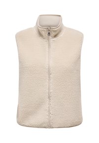 Gilet in pile color crema con colletto alto, chiusura con zip completa e superficie testurizzata. Design senza maniche con taglio dritto.