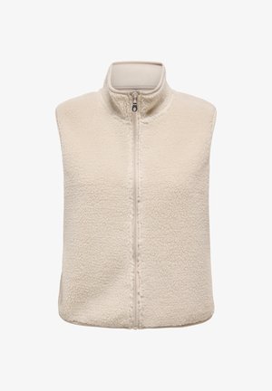 Kermanvärinen fleeceliivi, jossa korkea kaulus, täydellinen vetoketjusuljenta ja teksturoitu pinta. Hihaton malli ja suora leikkaus.