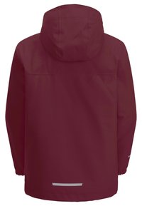 Bordeauxroter, wasserdichter Jacke mit Kapuze, elastischen Bündchen und einem reflektierenden Streifen im unteren Rückenbereich. Glatte Textur und lässiges Design.