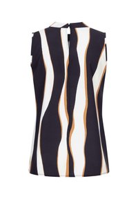 Top sans manches présentant un design à rayures ondulées bleu marine, blanc et caramel. Le matériau est lisse avec une ouverture clé au dos et une fermeture par bouton.