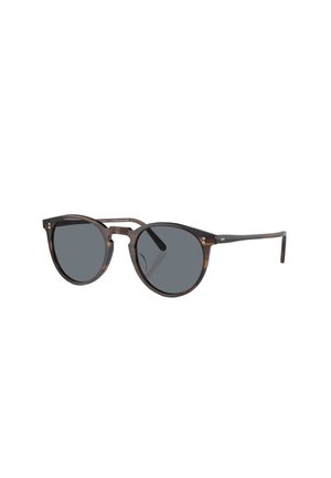 Occhiali da sole rotondi con montatura in tartaruga, lenti grigie scure e dettagli in metallo. Il design presenta un ponte a forma di chiave e aste sottili.