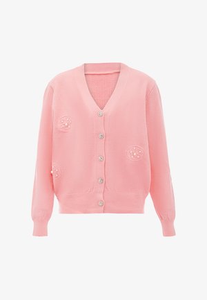 Rózsaszín kötött kardigán V-kivágással, hosszú ujjakkal és gyöngyökkel díszített gombokkal az elején. Texturált anyag, laza fazon.