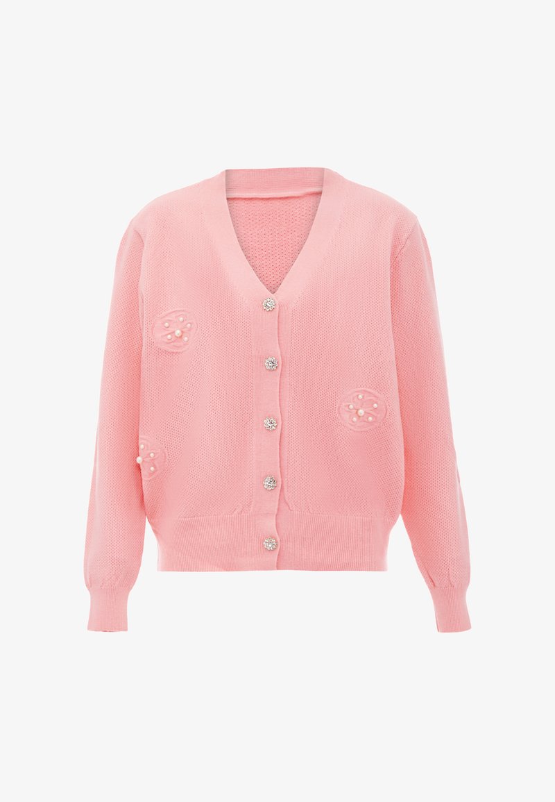 Rózsaszín kötött kardigán V-kivágással, hosszú ujjakkal és gyöngyökkel díszített gombokkal az elején. Texturált anyag, laza fazon.