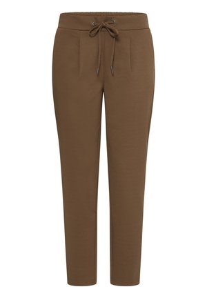 Pantalon de survêtement marron effilé avec une ceinture élastique et un cordon de serrage, doté de poches frontales et d'une finition lisse.