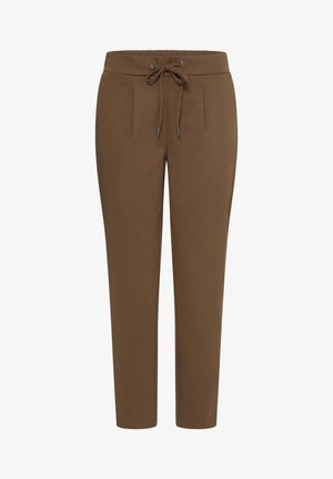Pantalon de survêtement marron effilé avec une ceinture élastique et un cordon de serrage, doté de poches frontales et d'une finition lisse.