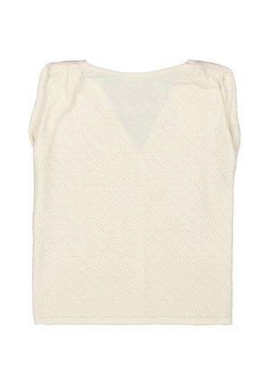 Haut à manches courtes couleur crème avec un motif texturé, présentant un détail en V au dos et des accents d'épaules froncés.