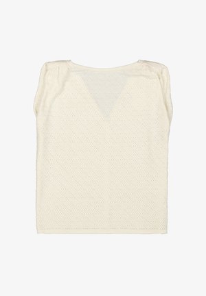 Crème-kleurige top met korte mouwen en een gestructureerd patroon, met een V-vormige rugdetail en gatherende schouderaccenten.