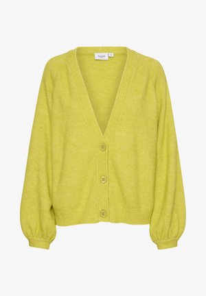 Gelbe Strickjacke mit tiefem V-Ausschnitt, fünf Knöpfen auf der Vorderseite und Ballonärmeln. Weicher Stoff und lockere Passform.