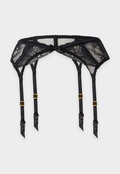 Black lace garter belt with four adjustable straps and gold-tone clasps on a white background.