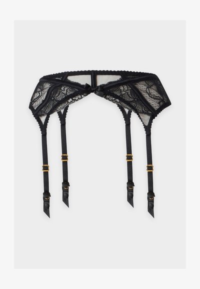 Black lace garter belt with four adjustable straps and gold-tone clasps on a white background.