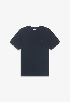 Navy blå bomulls t-skjorte med korte ermer, rund hals og en liten logo på brystet. Glatt tekstur og enkelt design.