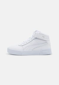 Witte hoge sneakers van synthetisch leer, met een gevoerde enkelsluiting, vetersluiting aan de voorkant en een gestructureerde rubberen zool met ribbels.