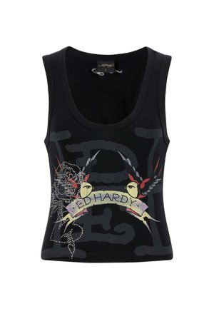 Top corto nero con un design colorato che presenta uccelli, un banner con la scritta "ED HARDY" e abbellimenti in strass. Tessuto dal finish liscio.