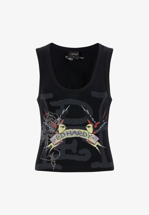 Black tank top featuring a colorful design with birds, a banner reading "ED HARDY," and embellished with rhinestone accents. Smooth fabric finish.