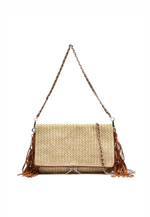 Woven straw crossbody bag with silver chain strap, brown leather tassels on sides, and a front zipper detail.
