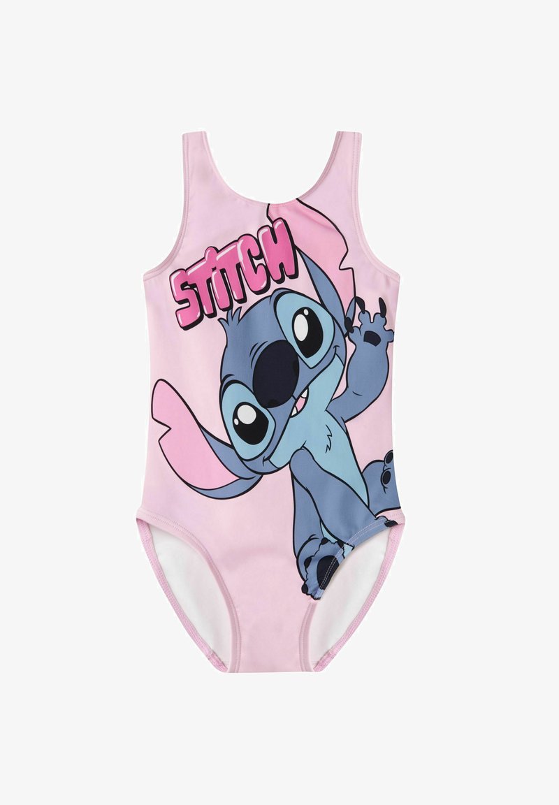 Maillot de bain rose pour tout-petit avec le personnage Stitch de Lilo & Stitch, aux grands yeux et la patte levée, avec le mot "STITCH" en lettres roses épaisses.