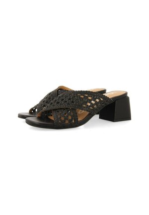 Sandales à glissière tressées noires avec des brides croisées, dotées d'un talon bloc et d'un design à bout ouvert. Semelle noire lisse et semelle intérieure en simili cuir.