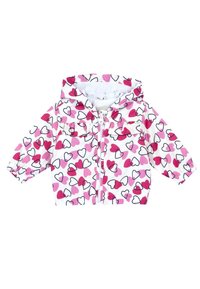 Giacca con cappuccio per bambini con sfondo bianco e motivi di cuori rosa e rossi, polsini elastici e zip frontale.